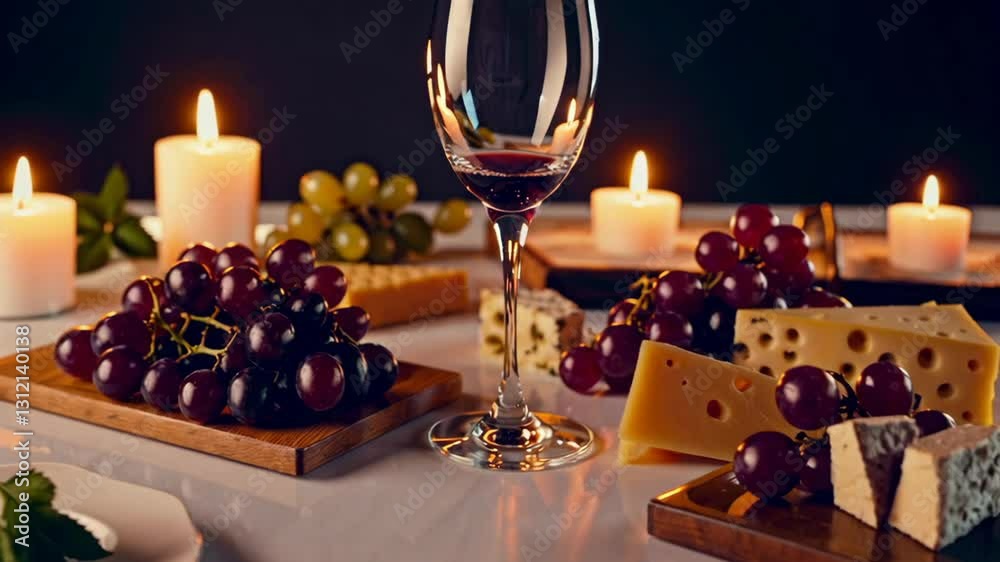 A glass of red wine is surrounded by gourmet cheeses, fresh grapes, and glowing candles, creating an elegant and romantic dining atmosphere