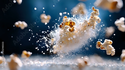 Fototapeta Naklejka Na Ścianę i Meble -  Popcorn kernels exploding with salt particles in dramatic slow motion against dark background, creating dynamic food photography composition.
