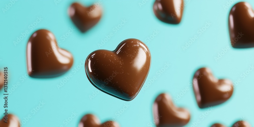Fototapeta premium Floating chocolate-covered caramel hearts with a rich coating on a vibrant cyan background