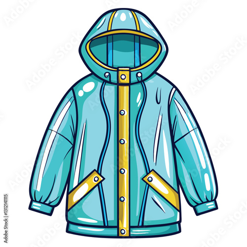 Create a clean, vector illustration of a sky-blue waterproof rain jacket, showcasing its design details and texture.  Include a single zip.