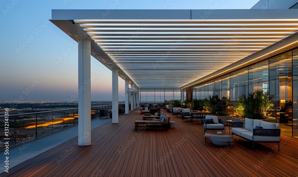 Obraz premium Luxurious rooftop terrace with wooden deck, modern pergola, and lounge furniture at sunset, featuring panoramic city views and ambient lighting.