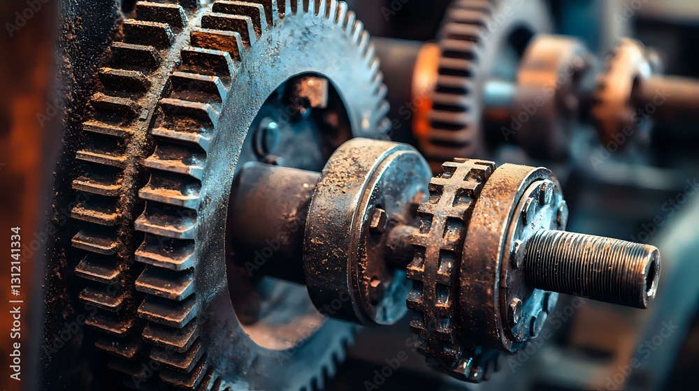 Macro view of industrial gears and mechanical components showing intricate details of transmission system with metal cogwheels in motion. Engineering concept for machinery. Macro view of industrial gears and mechanical components showing intricate details of transmission system with metal cogwheels in motion. Engineering concept for machinery.