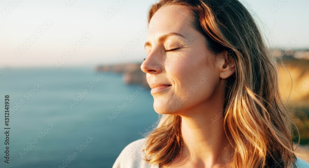 Relaxed young caucasian female enjoying ocean view at sunset Relaxed young caucasian female enjoying ocean view at sunset
