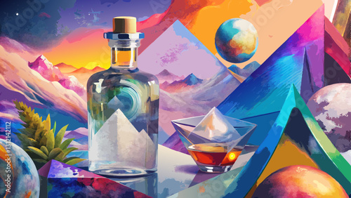 Bold and Contemporary Mixed Media Collage of a Classic Tequila Bottle with Filled Shot Glass and Vibrant Colors  