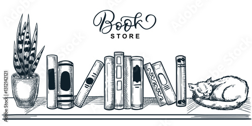 Books, cat, potted plant on bookshelf. Vector hand drawn sketch illustration. Book festival, bookstore design elements