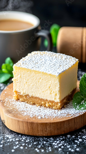 Cheesecake square with sugar, coffee cup, and mint on wood board