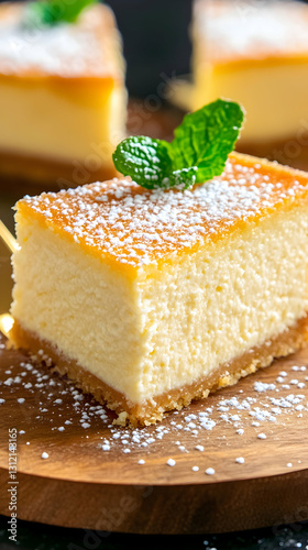 Cheesecake slice on wood board, dusted with sugar, garnished with mint