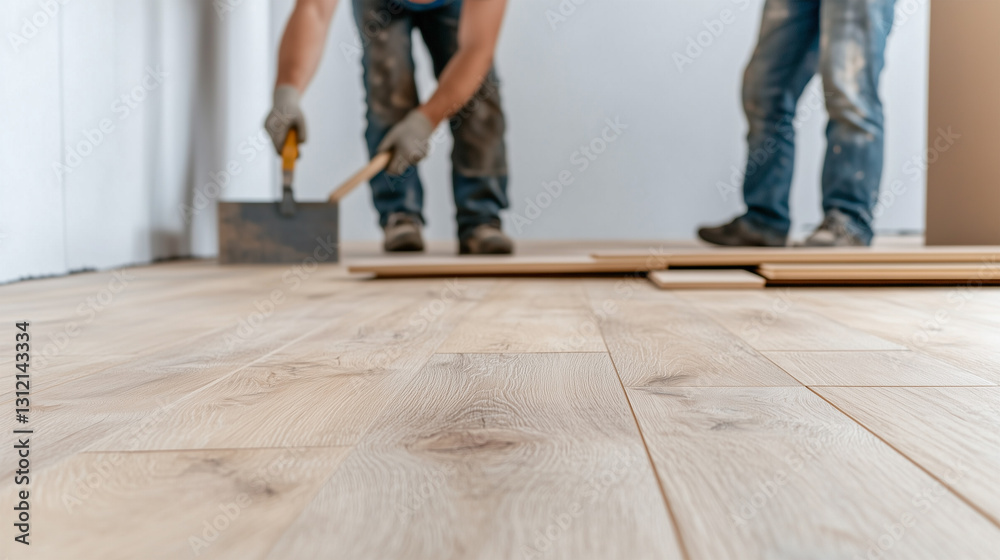 Construction workers install new wooden flooring in a residential space during daylight hours Construction workers install new wooden flooring in a residential space during daylight hours