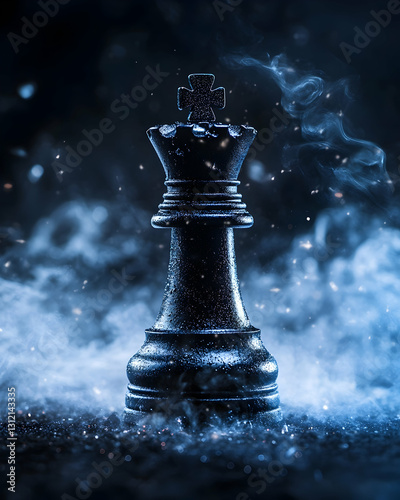 Chess king engulfed in ethereal smoke and sparks against a dark, blurred backdrop