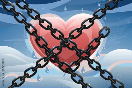 Depict a human heart weighed down by chains, symbolizing emotional burden and heartache; include subtle details hinting at the 'he' in the .
