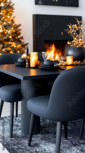 Chic dark dining room with Christmas tree, fireplace, table setting