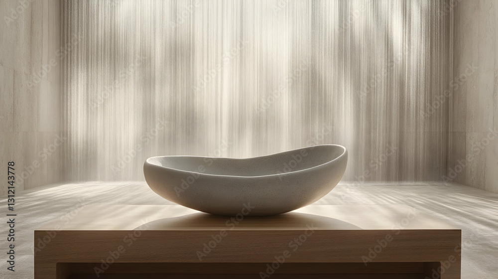Modern stone sink on wooden table, sunlit room Modern stone sink on wooden table, sunlit room
