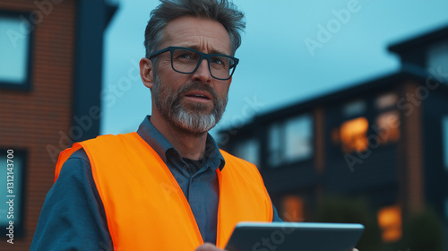 Professional overseeing urban project at dusk while using tablet to manage tasks and coordinate team efforts
