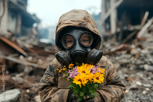 Child with gas mask holds flowers in war-torn, destroyed environment with rubble background