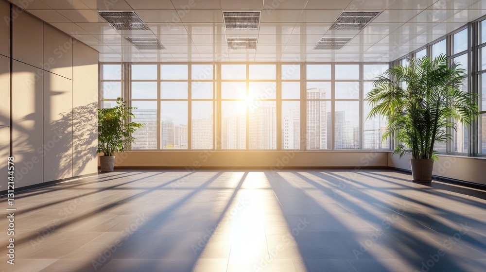 Fototapeta premium Sunrise in Modern Office Space, Empty Room with Panoramic City View