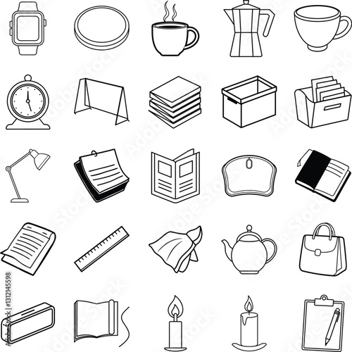 Everyday Objects Line Icons of Home, Office, and Time