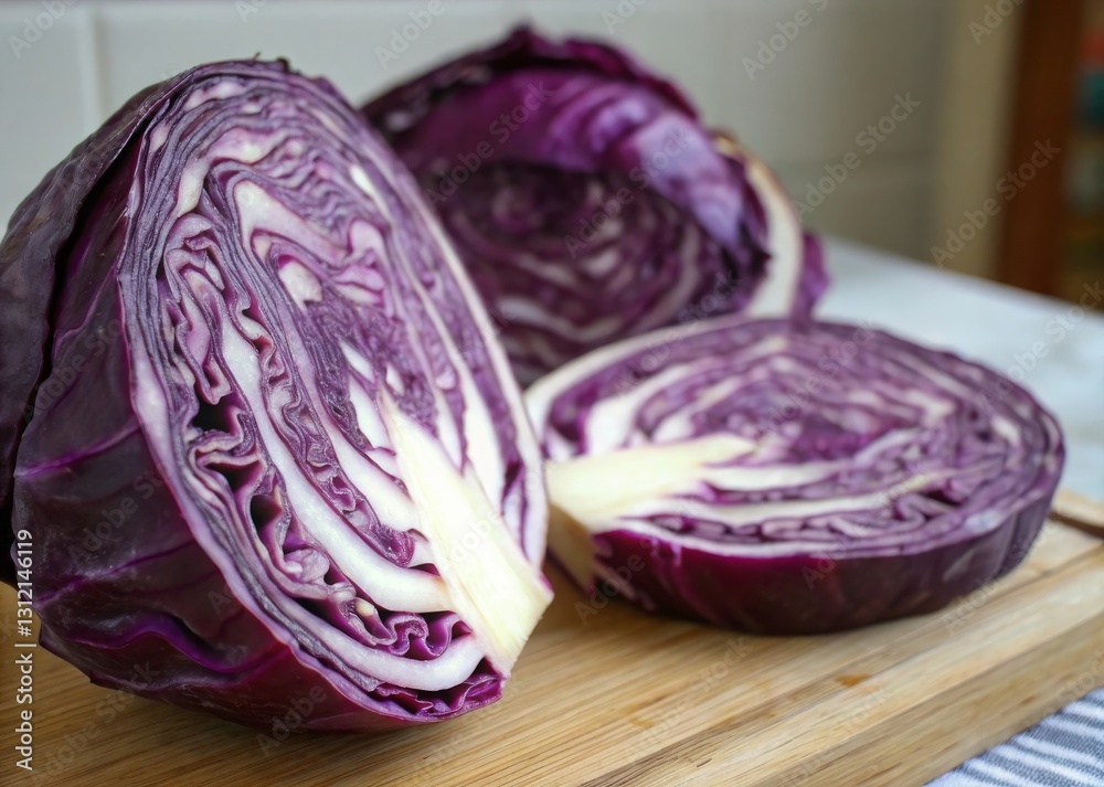 Obraz premium Slicing a purple cabbage in half kitchen food photography bright setting close-up revealing intricate spiral patterns