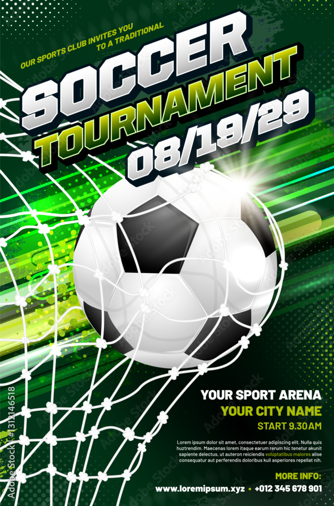 Fototapeta premium Soccer or football tournament poster template with ball and goal net