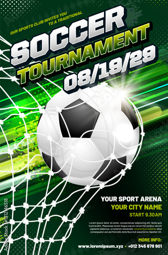Soccer or football tournament poster template with ball and goal net