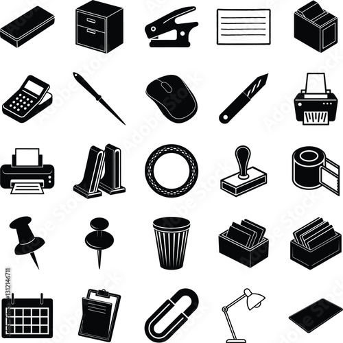 Office Supplies Icons Stationery, Equipment, and Desk Organization