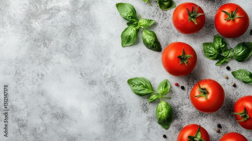 A top view of fresh tomatoes with leaves on a concrete background. photo