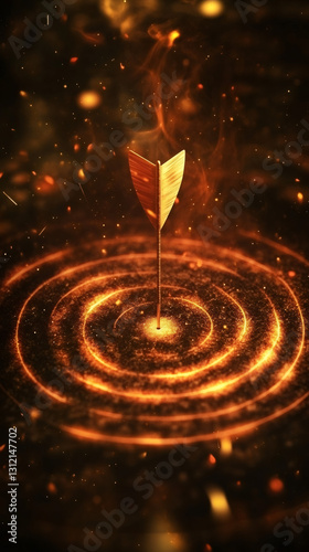 Flaming arrow piercing fiery bullseye, symbolizing triumph, perseverance, goal-reaching against difficult obstacles
