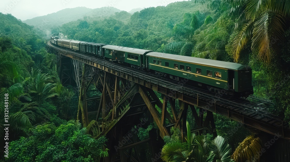 A train traversing a bridge deep within a lush jungle forest.