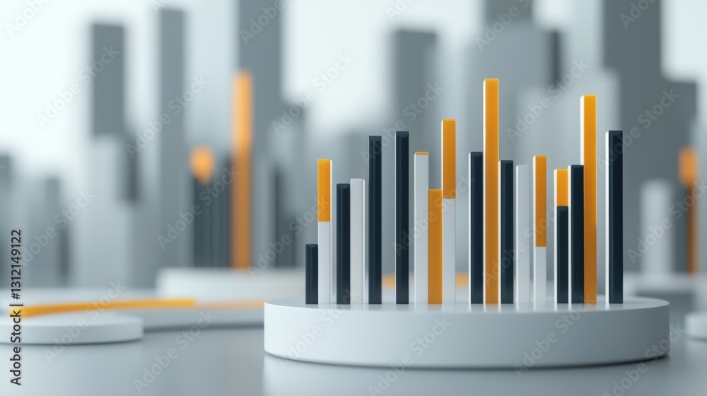 A 3Drendered bar graph with black and orange bars, set against a blurred cityscape background. A 3Drendered bar graph with black and orange bars, set against a blurred cityscape background.