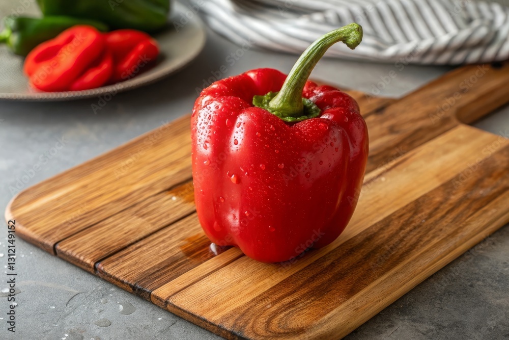 Chopping a glossy red bell pepper on a wooden cutting board for fresh culinary inspiration