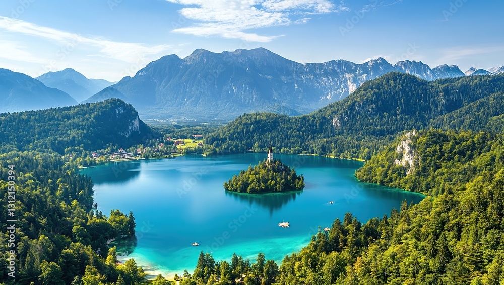 Aerial view of a turquoise lake in the mountains, surrounded by dense forest. Top-down shot Aerial view of a turquoise lake in the mountains, surrounded by dense forest. Top-down shot