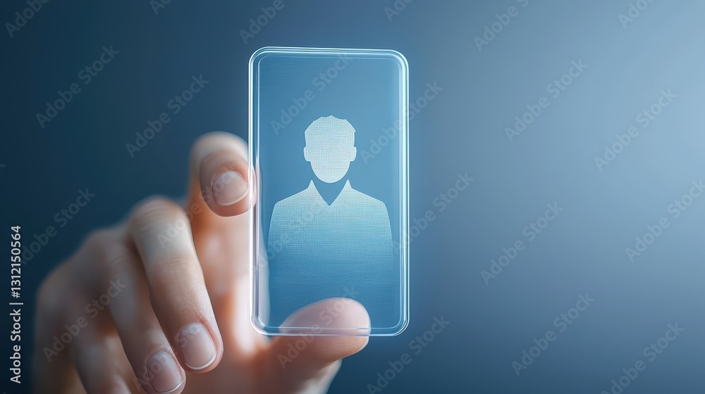 Mobile connection, person holding phone with person icon, symbolizing communication and digital contact