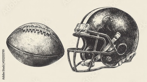 A vector-engraved illustration featuring an American football player, ball, and helmet in a hand-drawn, vintage etching style. photo