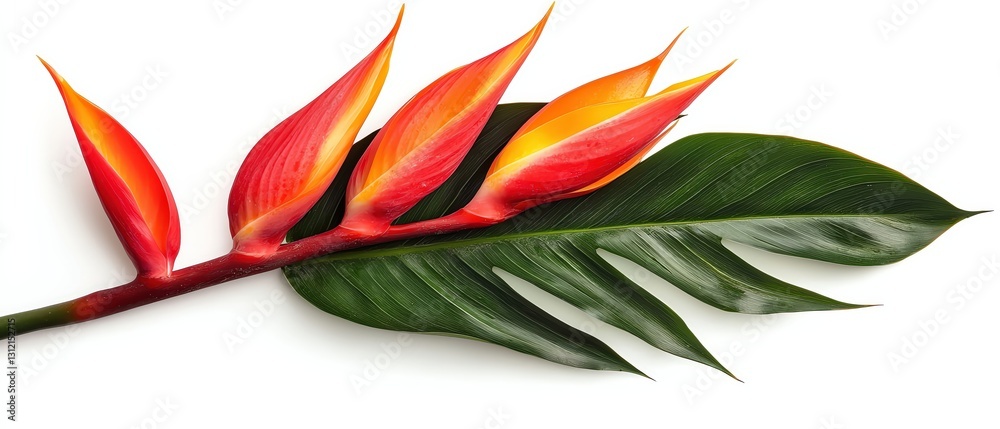 Fototapeta premium A vibrant heliconia flower with striking colors of red, orange, and green foliage, perfect for nature lovers.