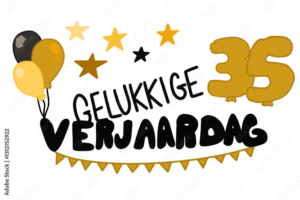 Gelukkige Verjaardag vector met banners, ballonnen, sterren en het getal 35