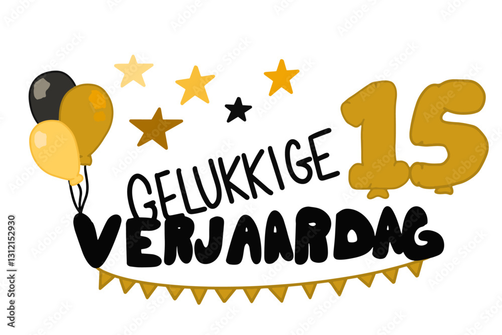 Gelukkige Verjaardag vector met banners, ballonnen, sterren en het getal 15