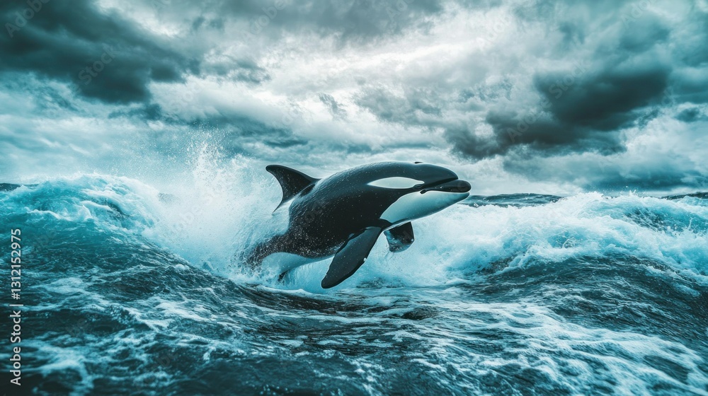 Fototapeta premium Orca leaping in stormy ocean waves (1)