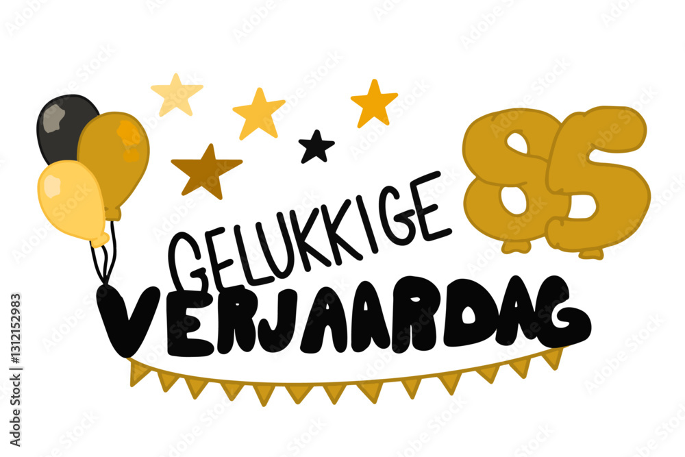 Gelukkige Verjaardag vector met banners, ballonnen, sterren en het getal 85