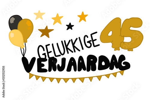 Gelukkige Verjaardag vector met banners, ballonnen, sterren en het getal 45	