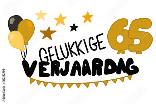 Gelukkige Verjaardag vector met banners, ballonnen, sterren en het getal 65