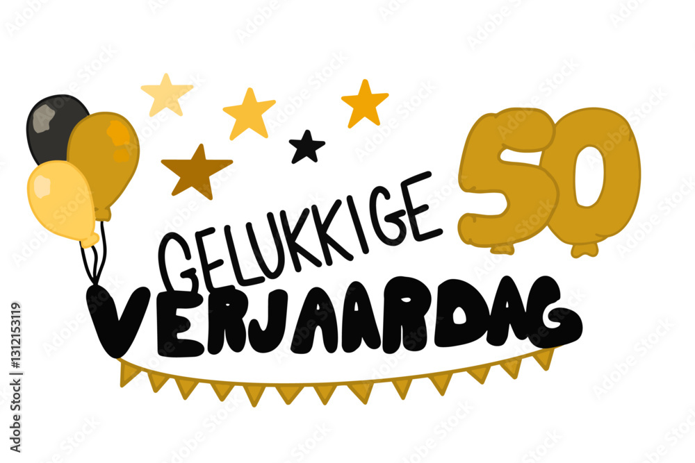 Gelukkige Verjaardag vector met banners, ballonnen, sterren en het getal 50
