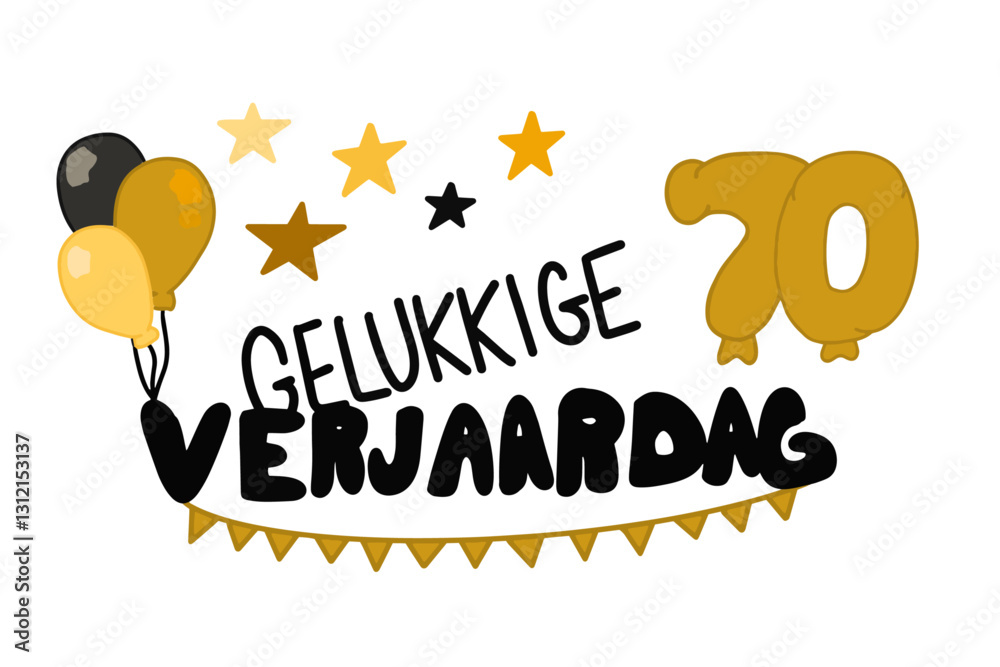 Gelukkige Verjaardag vector met banners, ballonnen, sterren en het getal 70