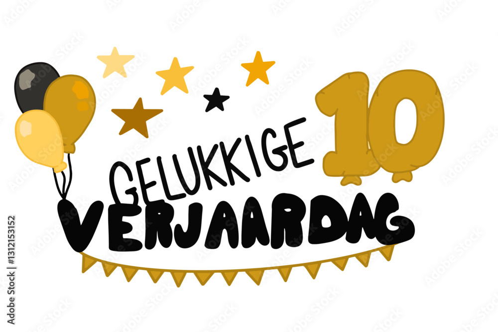 Gelukkige Verjaardag vector met banners, ballonnen, sterren en het getal 10
