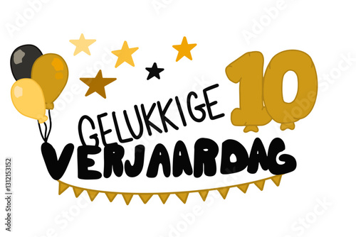 Gelukkige Verjaardag vector met banners, ballonnen, sterren en het getal 10