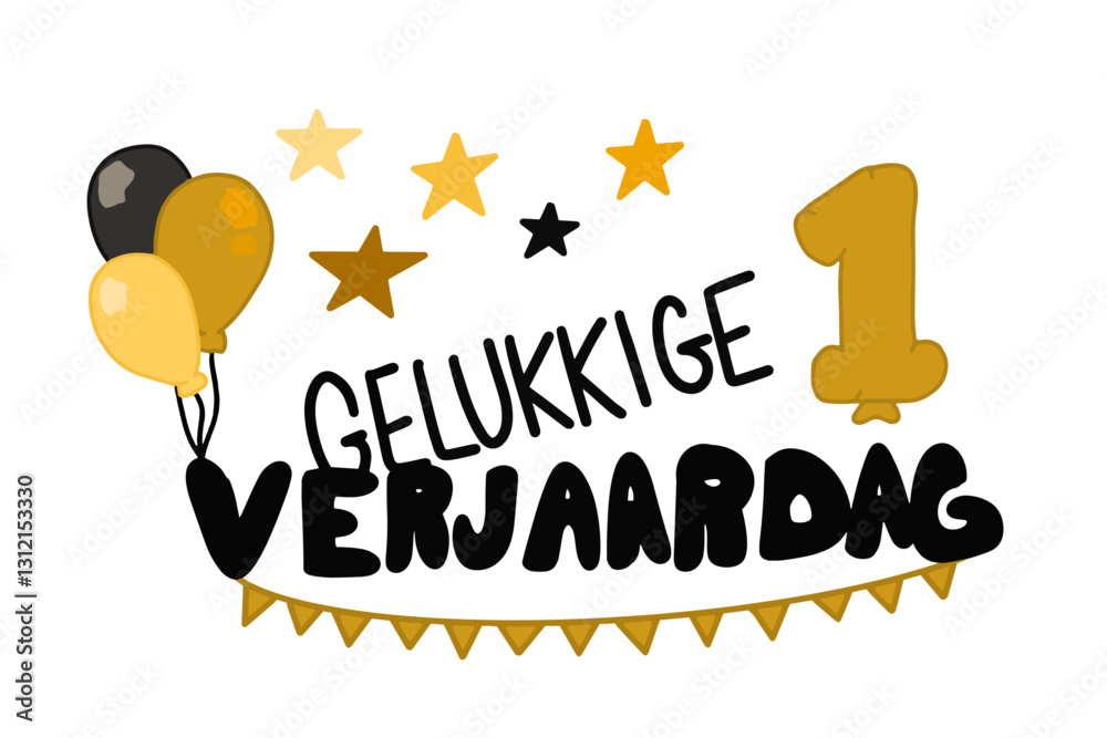 Gelukkige Verjaardag vector met banners, ballonnen, sterren en het getal 1
