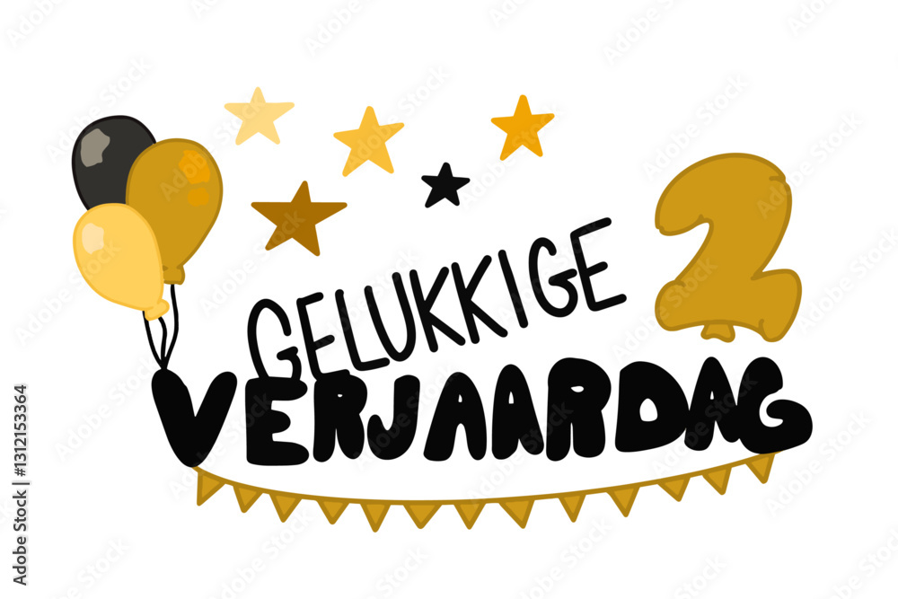 Gelukkige Verjaardag vector met banners, ballonnen, sterren en het getal 2