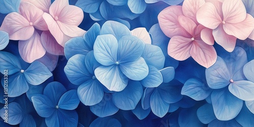 Beautiful watercolor depiction of hydrangea flowers showcasing exquisite blue, pink, and purple hues, perfect for spring events, celebrations, and special occasions