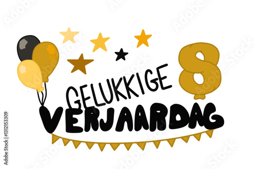 Gelukkige Verjaardag vector met banners, ballonnen, sterren en het getal 8