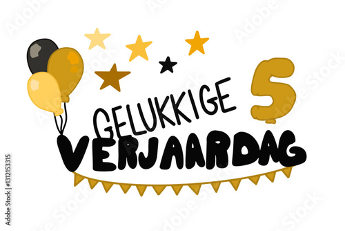 Gelukkige Verjaardag vector met banners, ballonnen, sterren en het getal 5