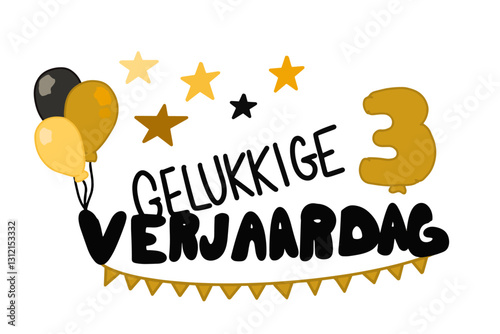 Gelukkige Verjaardag vector met banners, ballonnen, sterren en het getal 3