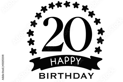 Happy Birthday vector with banners, stars, and the number 20